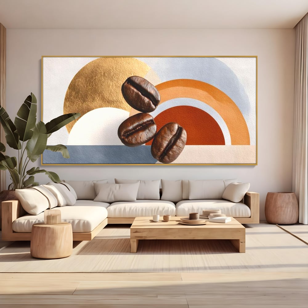 Tablou canvas cu tablou canvas cu boabe de cafea si forme geometrice, in rama de aluminiu auriu, pe perete intr-un living